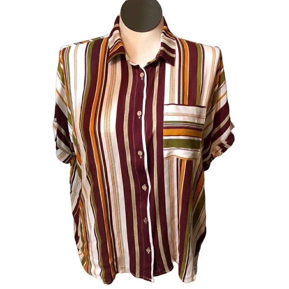 Polagram Blouse Womens M Striped Camp Shirt Explore Traveler Hostel